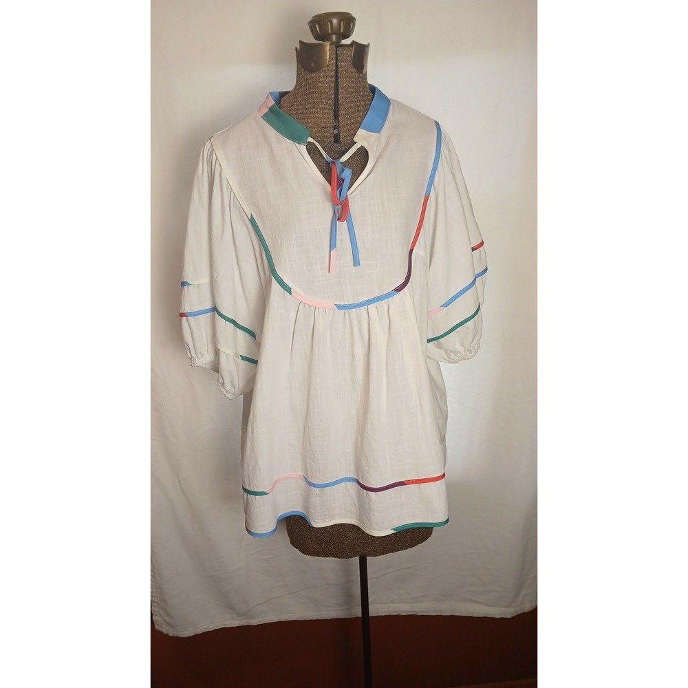 Cicy Bell Womens XXL White Cotton Gauze Peasant Blouse Colorblock Ribbon M1T417
